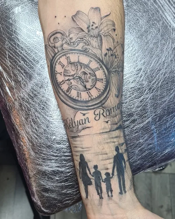 Horloge et silhouettes sur l’avant-bras