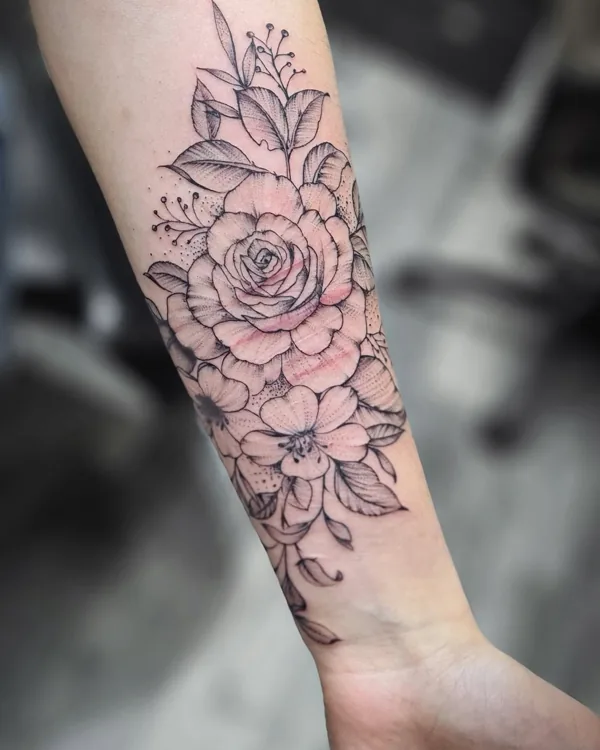 Roses et fleurs sur l’avant-bras